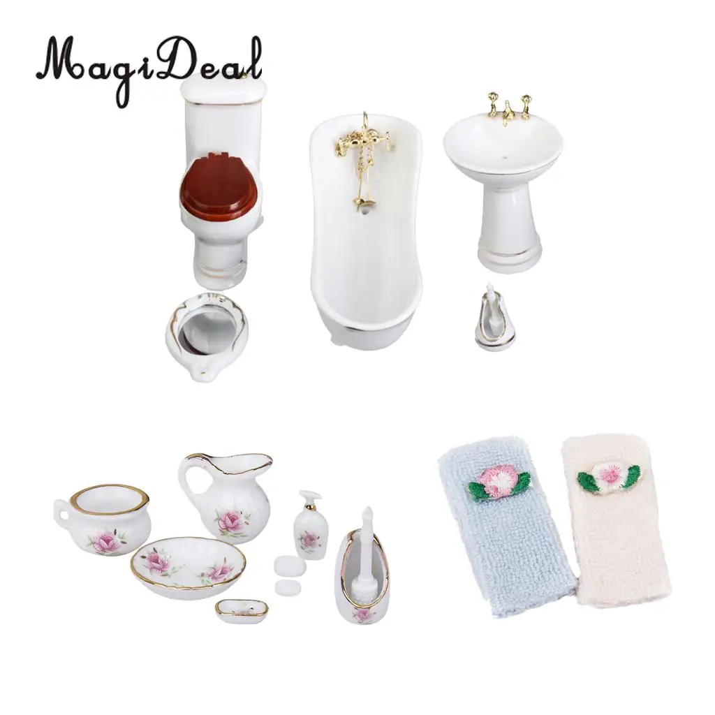 Dollhouse 1:12 Scale Bathroom Porcelain Toiletries Containers Wash Cloth Furniture Kit for Dolls House Life Scene Decor Toys