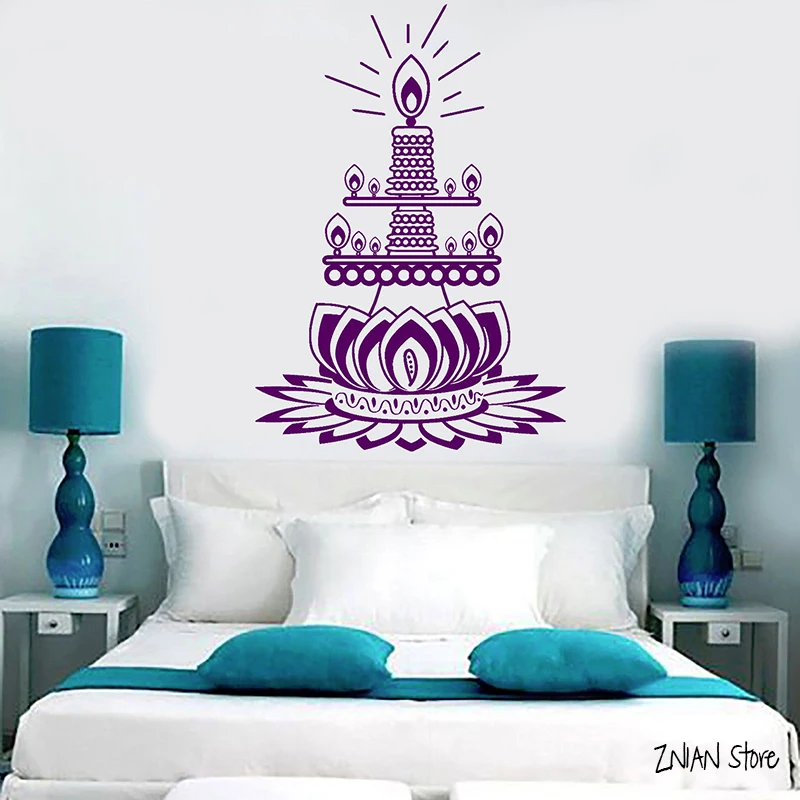 Us 7 98 25 Off Lotus Flower Wall Decals Candle Buddhist Meditation Wall Stickers For Bedroom Removable Art Mural For Living Room H073 In Wall