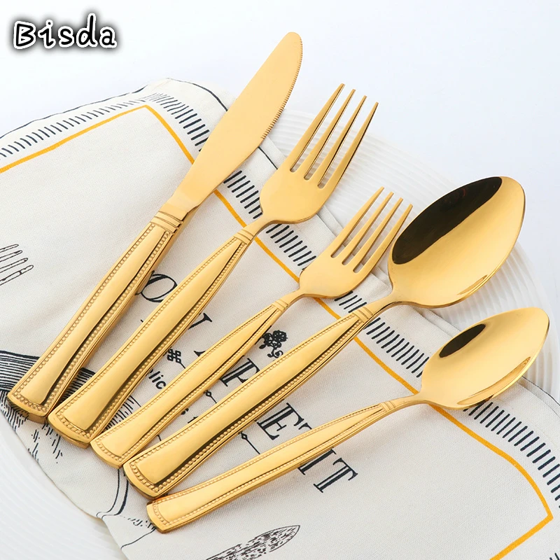

Wholesale 100 Pcs High Quality Gold Table Cutlery Set Free DHL/UPS Shipping Dinnerware Fork Spoon Knife 18/10 Stainless Steel
