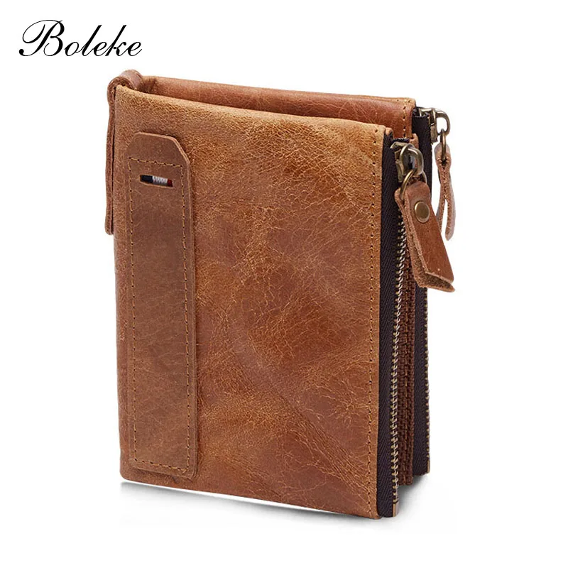 

Men Crazy Horse Leather Wallet Short Handmade Purse with Coin PocketVintage Wallet Brand Double Zipper Carteira Masculina 2035