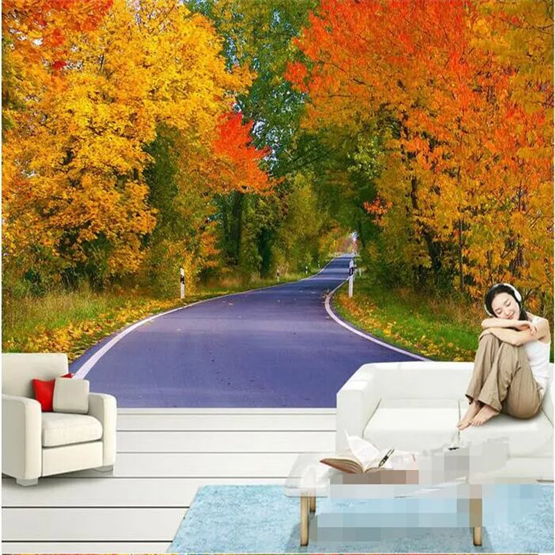 

3d large wall mural wallpaper HD Red Maple Leaf highway road beautiful landscape backdrop custom silk photo wall paper
