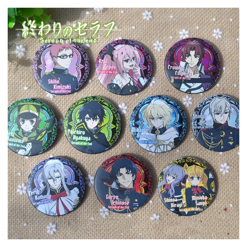 

10pcs/set 58MM Anime Seraph of the end Hiiragi Shinoa Owari no Serafu Mitsuba Sangu Ferid Full Member Badge Pin Brooch Badge