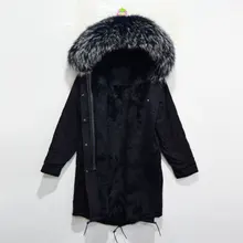 Настоящее все черным мехом длинная куртка с енота белый воротничок, кроличий мех подкладка внутри миссис меха зимняя парка