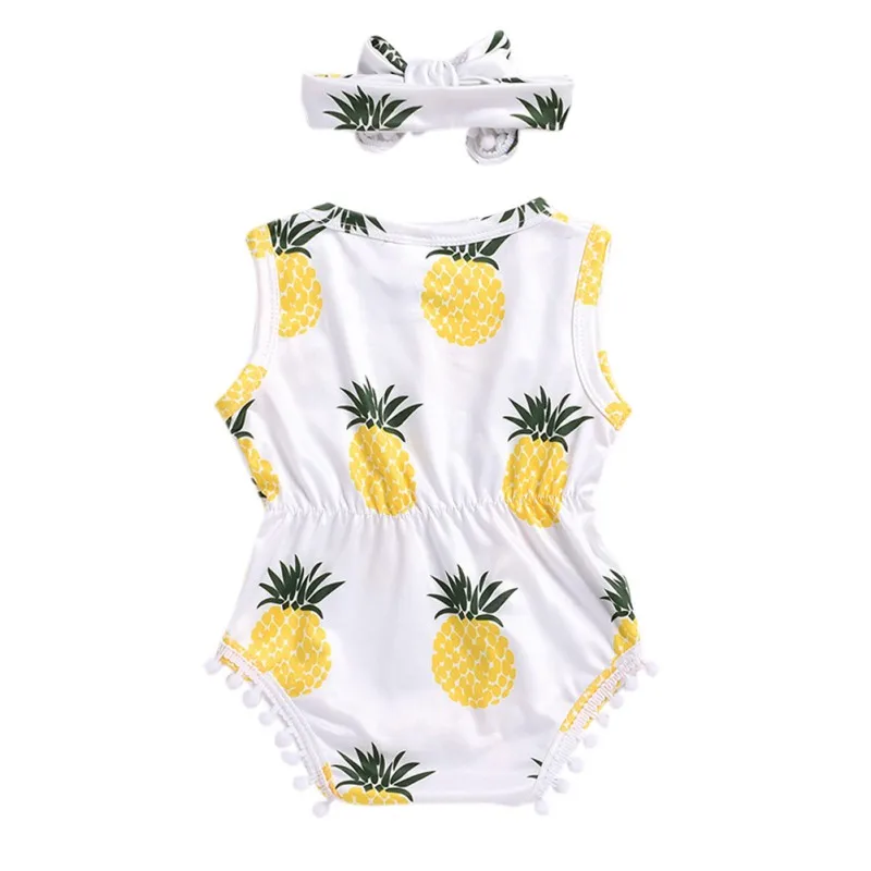 

Infant Girls Sleeveless Rompers Set Summer Yellow Pineapple Print umpsuit with Headband Two Sets Girls Clothes