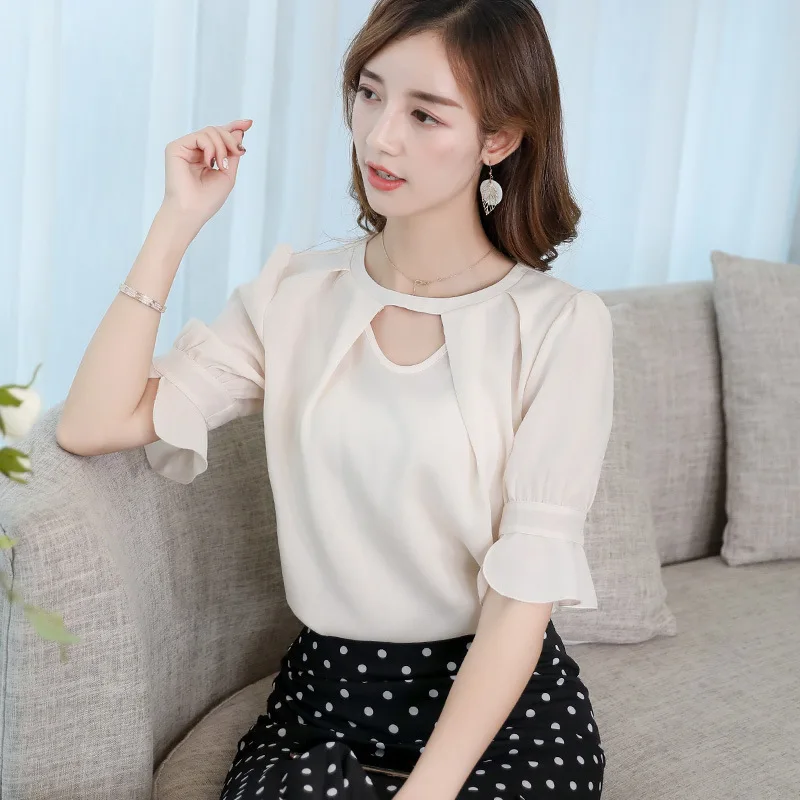 

2019 Women Casual Blue Shirt Summer Korean Half Sleeve Shirt Women Elegant Office Blouse Fashion Streetwear Ladies Ruffles Tops