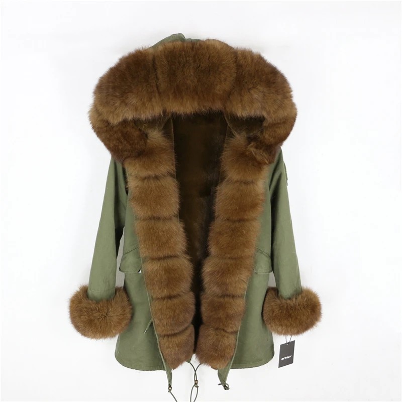 Brand Real Fur Coat Fashion Winter Jacket Women Natural Real Fox Fur Collar Loose Long Parkas Big Fur Outerwear Detachable - Цвет: green brown