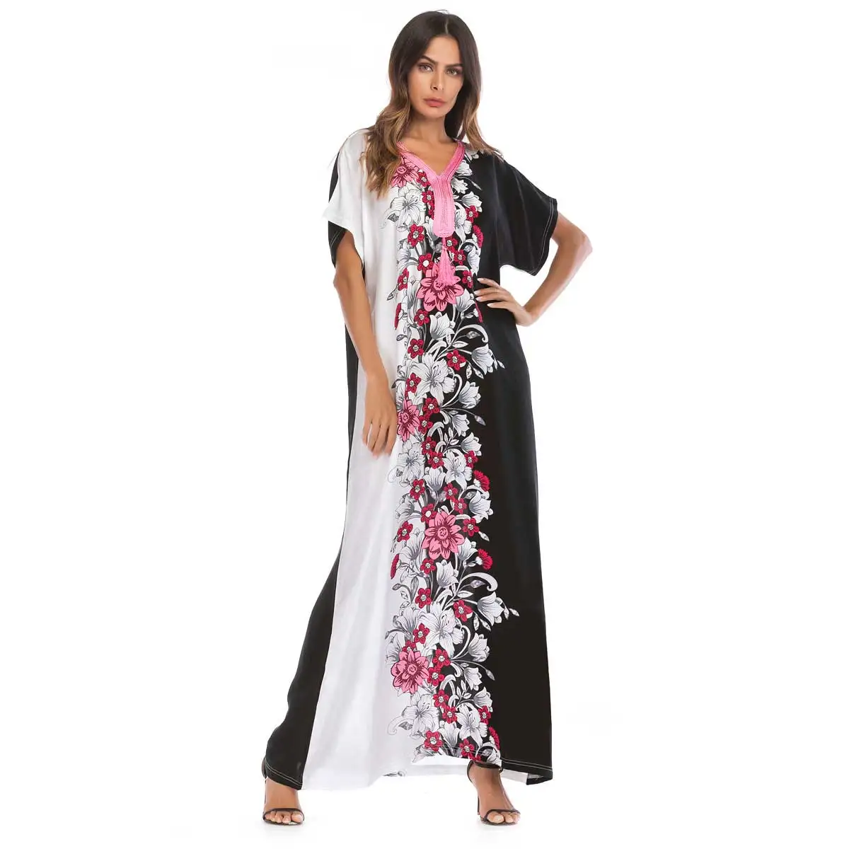 

2019 Summer Fashion Floral Print Maxi Dress Urban Casual Embroidery Black White Color Block Dress For Women Muslim Arab VKDR1586