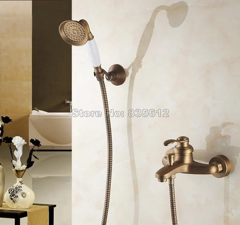 Bathroom Single Handle Antique Brass Bathtub Faucet with Ceramic Handheld Shower Mixer Tap Wall Mounted Wtf302