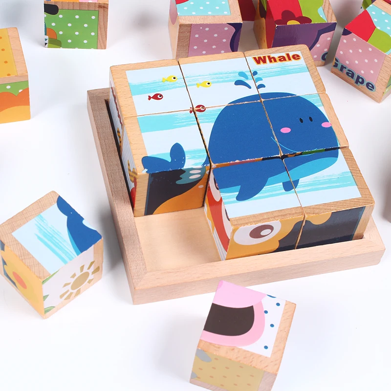 

NEW Baby toy Wooden block Chopping block Wooden cubes Animal Fruit Traffic 9pcs 6 side Educational toys for Children Gift