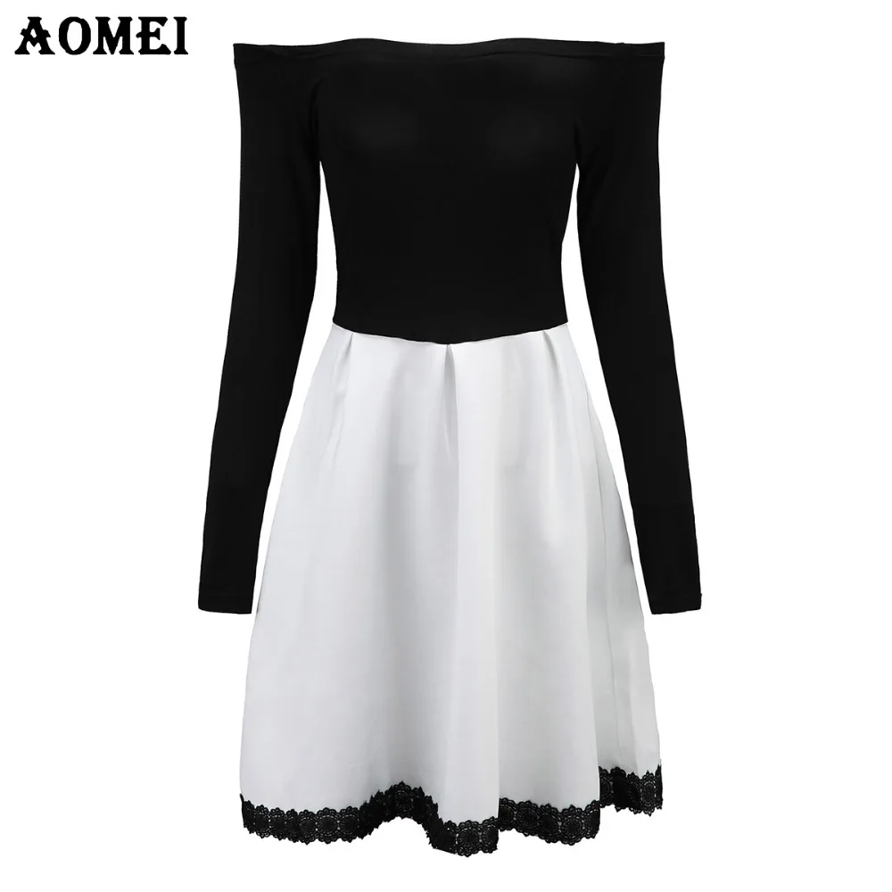 

S 5XL White and Black Patchwork Color Dress for Women Retro A Line Girl Casual Robe Femme Tunic Full Sleeve Slash Neck Dressses