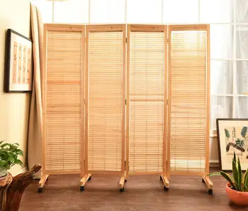 

Oriental Japanese Style 4-Panel Wood Folding Screen With Wheels Room Divider Home Decor Decorative Portable Asian Furniture