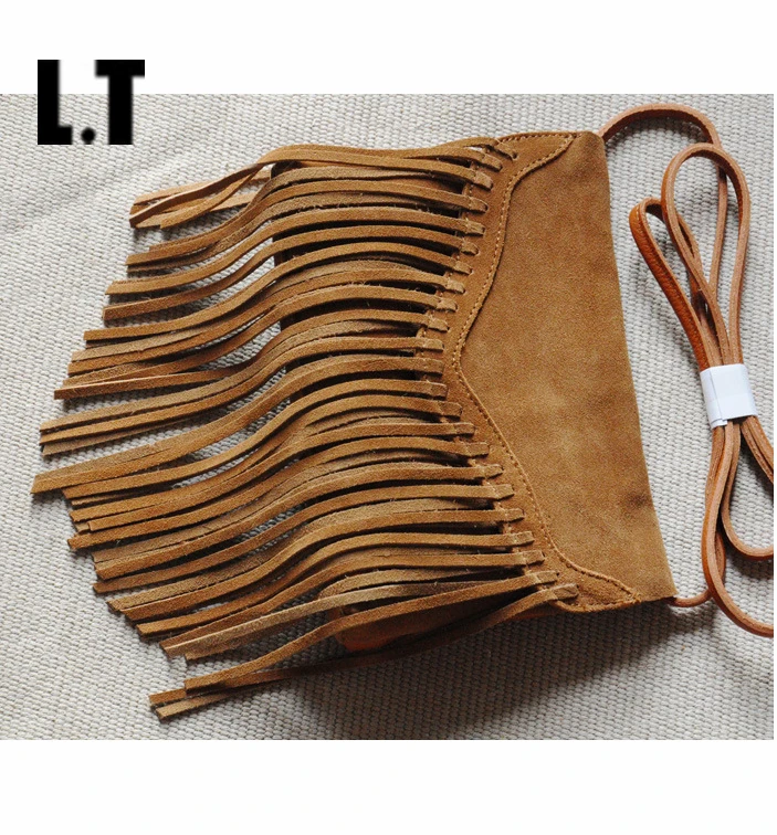 2017 Women Genuine Leather Suede Fringed Messenger Bag Brown Tassel Boho Hippie Gypsy Vintage