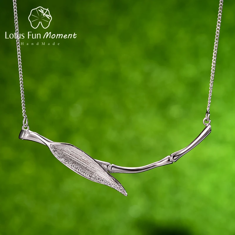 

Lotus Fun Moment Real 925 Sterling Silver Designer Original Fine Jewelry Morning Dew on Bamboo Leaf Pendant Necklace for Women