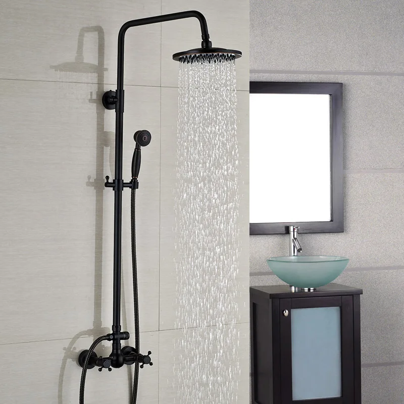 Настенный " Дождь Ванная комната Душ Набор кран черный бронзовый двойной ручкой душ краны горячей и холодной воды с ручной душ