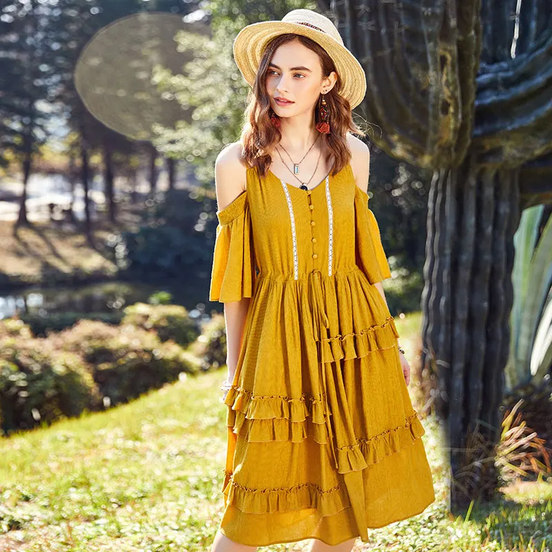 

ARTKA Summer 2018 New Bohemian Women Off the Shoulder Ruffles Patchwork Drawstring Short Butterfly Sleeve Elegant Dress LA10782C