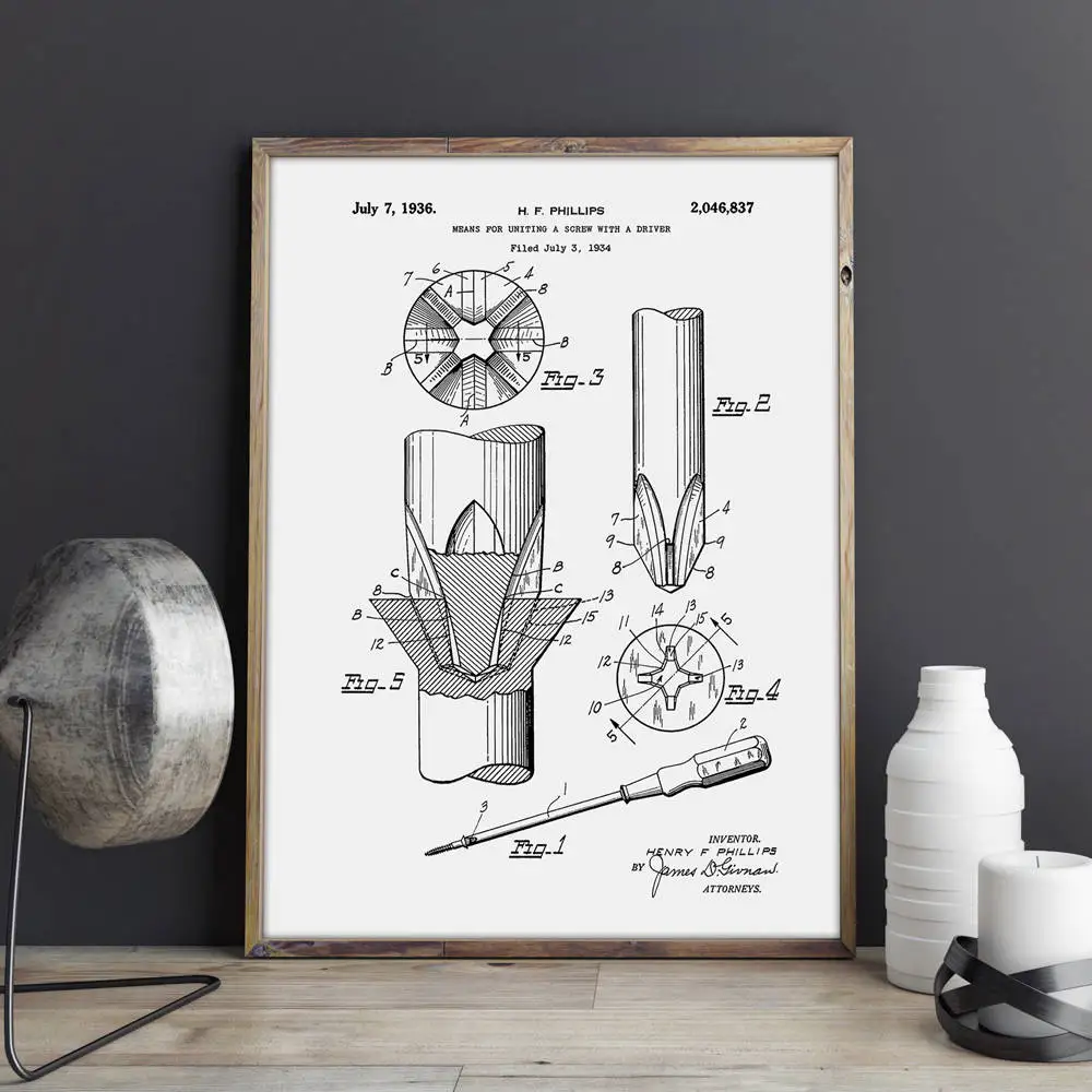Запатентованная отвертка, механик стены искусства, плакаты для гаража, металлообработка декор, винтажная печать, чертеж, идея подарка, украшения стены