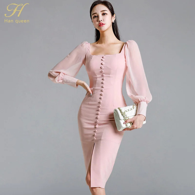 

H Han Queen Single-breasted Square Collar Sexy Slim Bodycon Vestidos Women 2018 Autumn Split Elegant Korean Dress Pencil Dresses