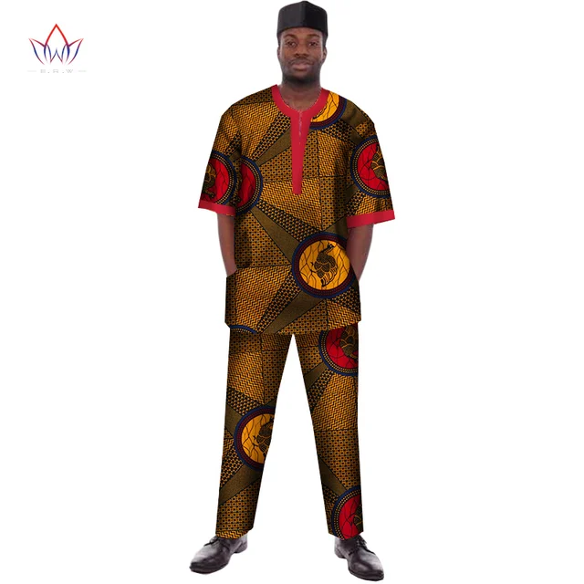 Men's 2 Piece Outfit Long Sleeve Button Up Shirt And Pants Sets Luxury African Print Traditional Dashiki Suit