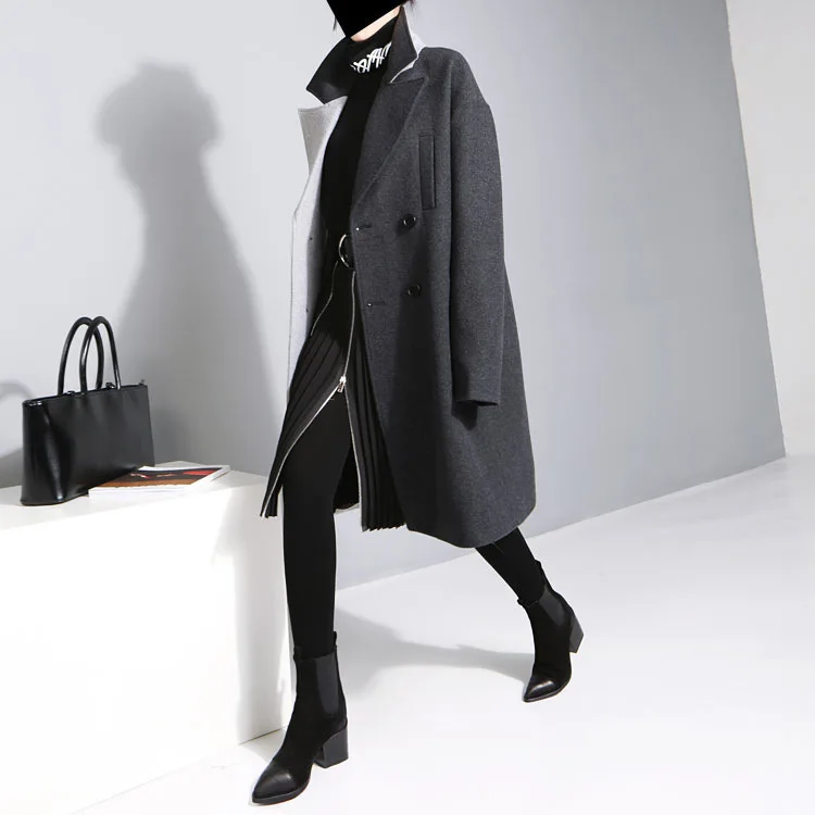 [EAM] 2020 New Spring Lapel Long Sleeve Solid Color Black Gray Split Joint Loose Big Size Jacket Women Fashion JC969