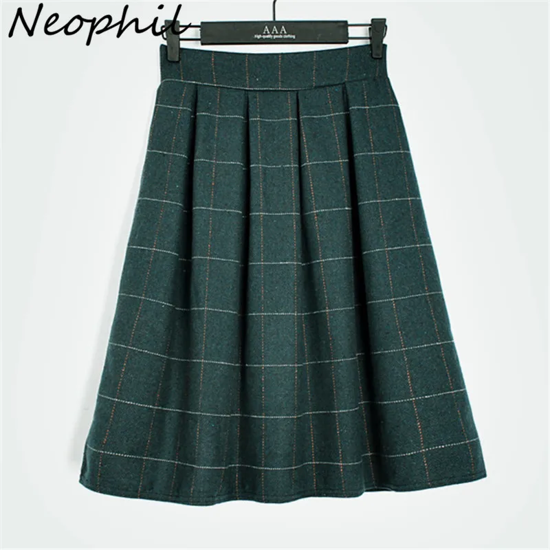 Neophil 2016 Winter England Style Green Khaki Plaid Woolen font b Tartan b font Above Knee