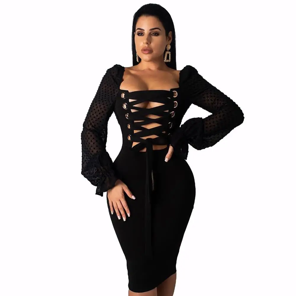 

2019 Latest Autumn Women Sexy Lace up Style Bodycon Dresses Dot Chiffon Long Sleeves Slash Neck Elegant Knee Length Party Dress