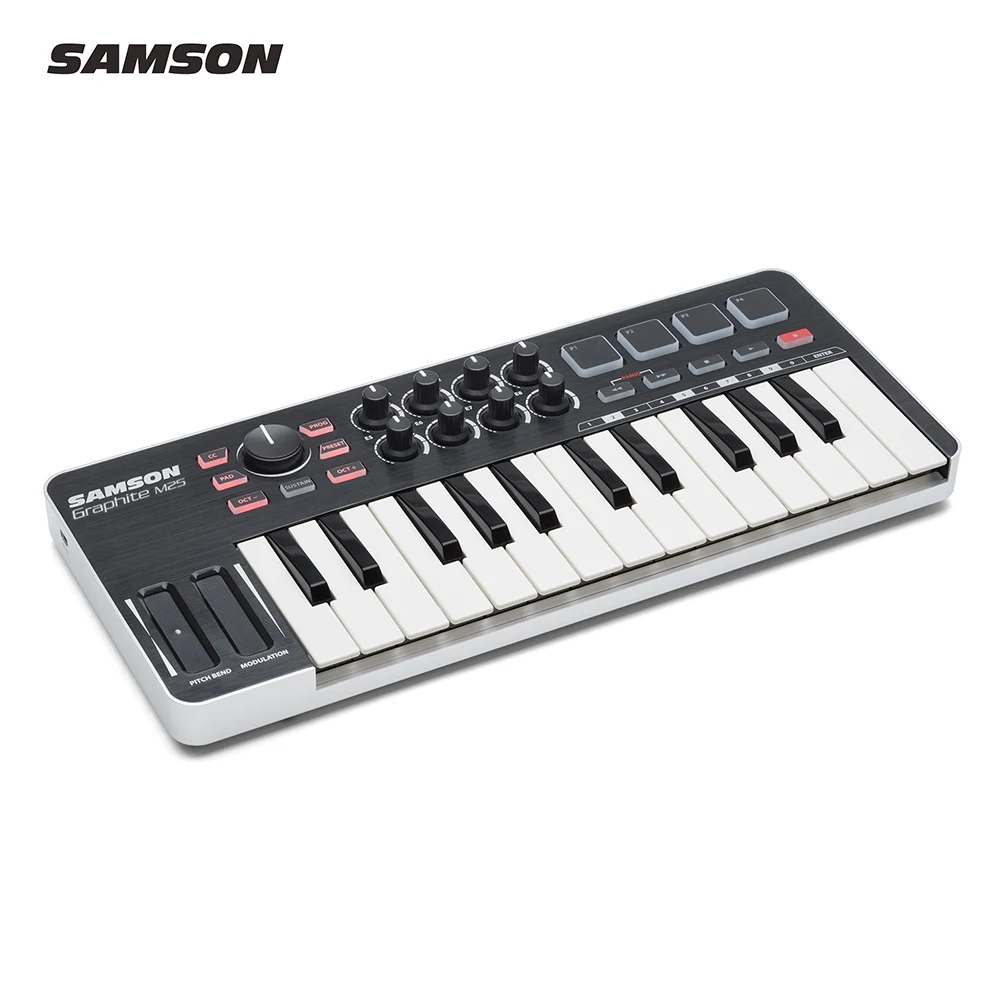 Самсон графит M25 миди клавиатуры ультра-Портативный мини 25-ключ MIDI контроллер клавиатуры с USB кабелем 4 колодки 8 назначаемых ручек