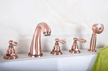 

Antique Red Copper 5 pcs Bathroom Tub Sink Faucet with Hand Shower Deck Mounted 5 Holes 3 Handles Bathtub Taps ztf185