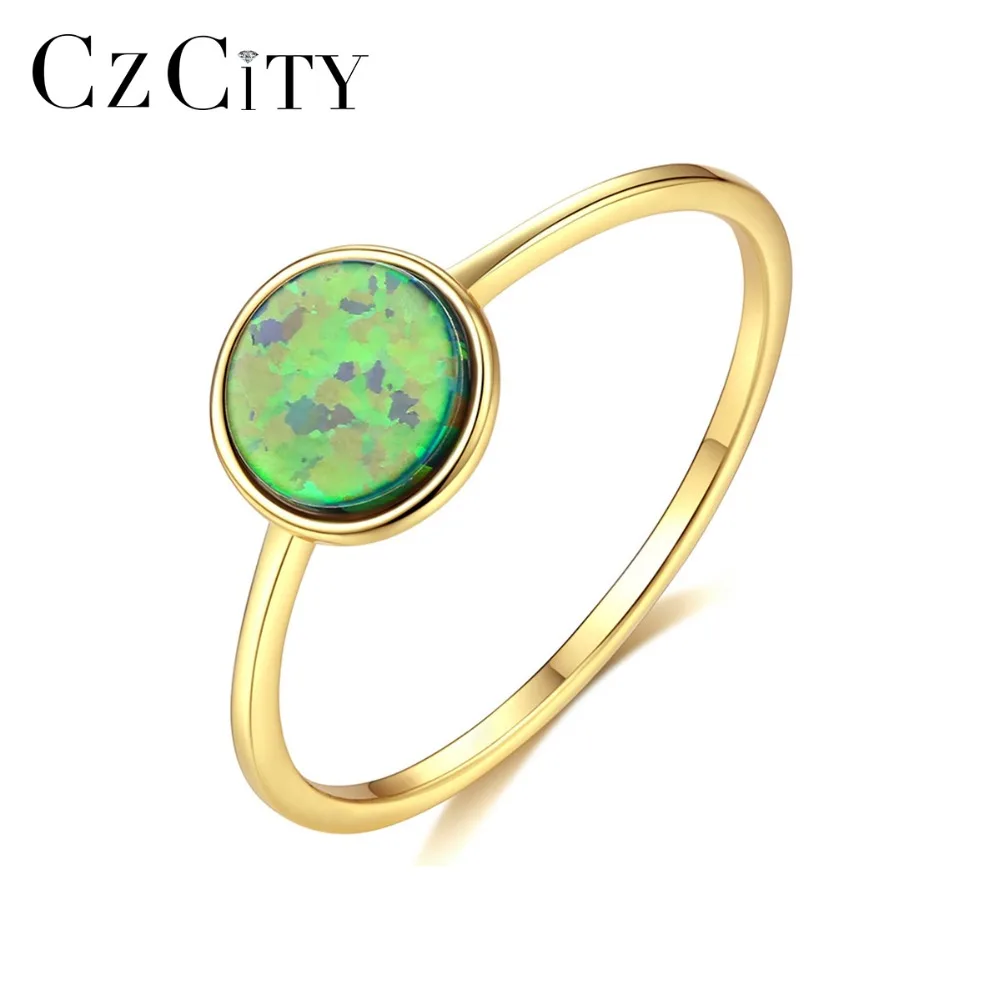 

CZCITY Minimalist 7mm Round Fire Opal Rings for Women Blue/Green/White Colorful Thin Circle Rings Silver 925 Jewelry Accessories