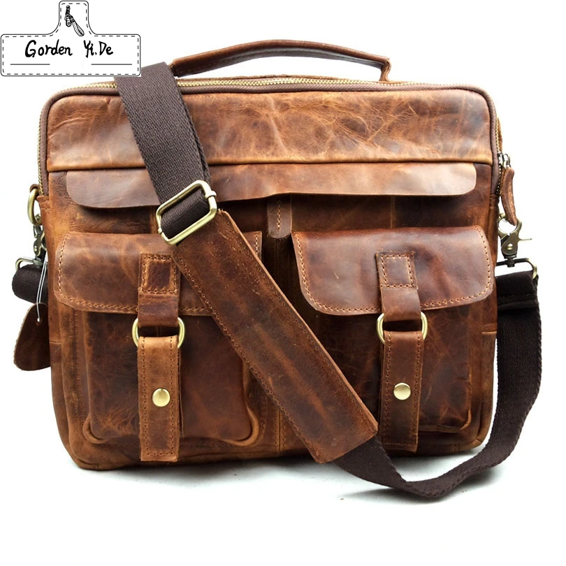 

men's genuine leather briefcases male Vintage crazy horse leather business shoulder bags large handbag messenger bag travel bag