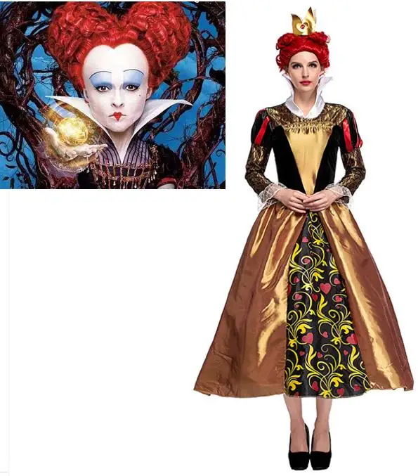 The Red Queen Iracebeth Cosplay Costumes Gold Long Dress Headwear Set ...
