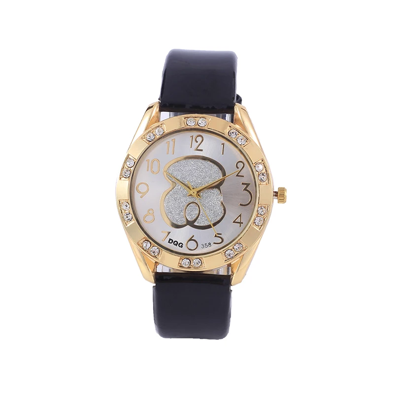 Kobiet Zegarka Топ бренд класса люкс медведь женские кварцевые часы Chasy кожаный ремешок Стразы платье женские часы Reloj Mujer