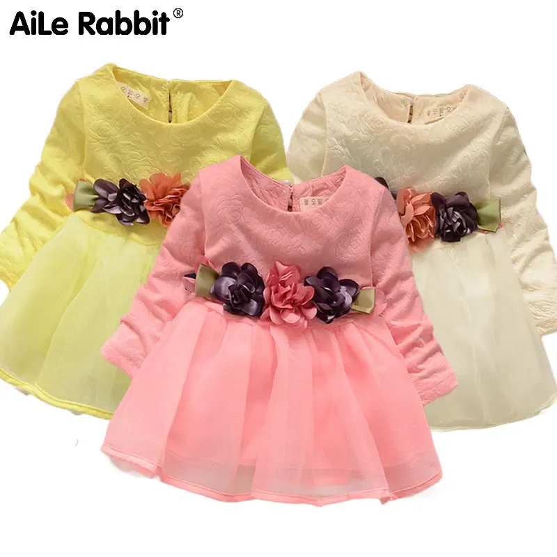 AiLe Rabbit/платье с цветочным узором для девочек; пояс в подарок; Одежда для маленьких девочек; платье принцессы с длинными рукавами; цвет розовый, желтый, белый