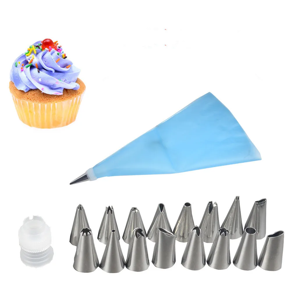

18pcs/lot DIY Silicone Ice Piping Cream Pastry Bag Cake Decorating Squeeze Cream Cake Baking Tool Stainless Steel Nozzle OK 0951