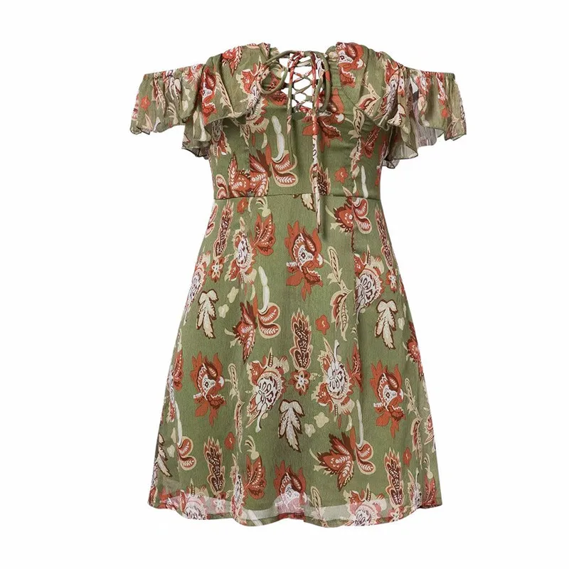 Red Off Shoulder Summer Dress Short Sleeve 2018 Floral Sexy Women Dress V neck Lace Up Elegant Boho Vestidos 5