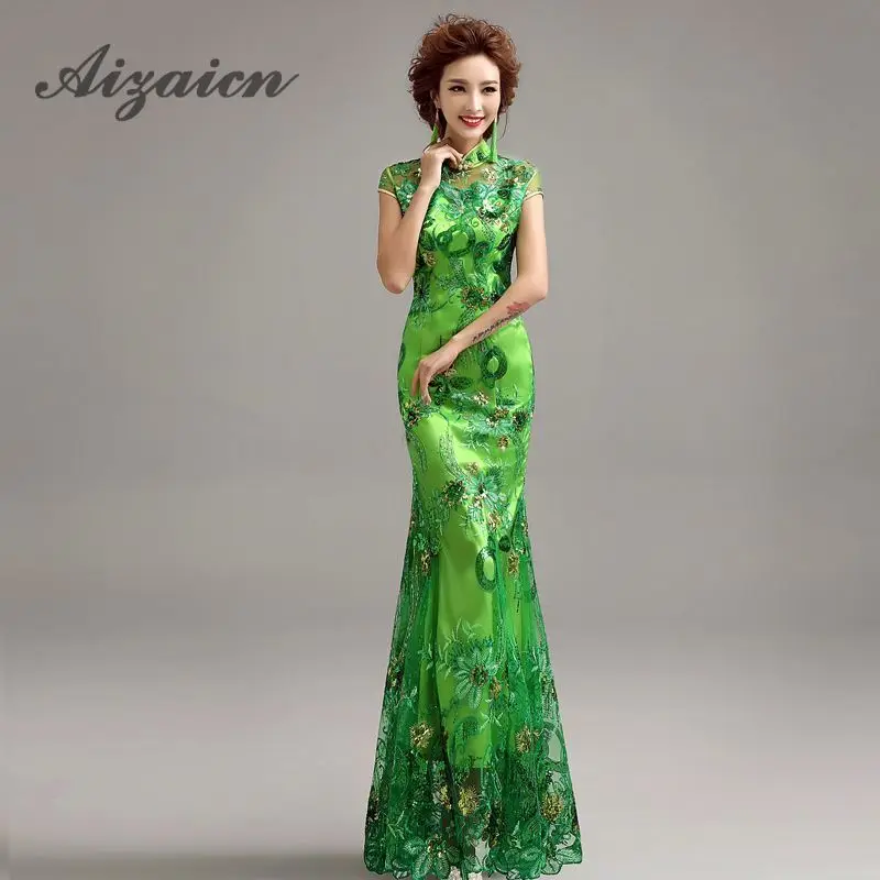 Модное платье с блестками и вышивка Cheongsam сексуальное летнее платье Современная Qipao длинный зеленый китайский вечернее свадебное платье