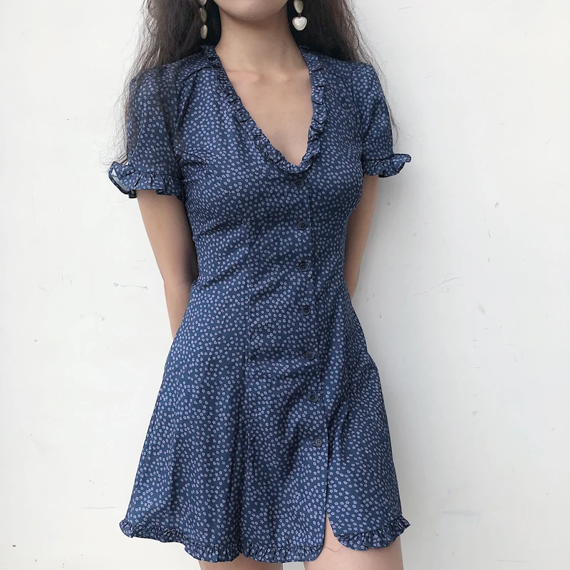 Women Print V Neck Button Up Mini Dress with Frill Trimming