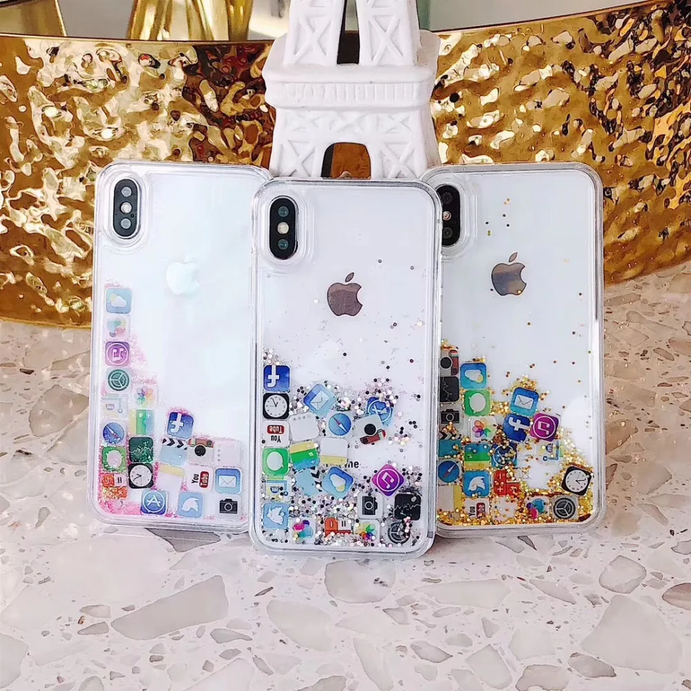 Diamond Glitter Liquid Mobile Apps Icon Clear Case Cover For iPhone 8 Plus 7 X 6s XR XS Max Bling Dynamic Quicksand Phone Coque  (6)