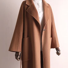 Guesod зимнее Новое поступление двухстороннее кашемировое пальто для женщин смог синий средней длины тонкая верхняя одежда тонкая талия ниже колена