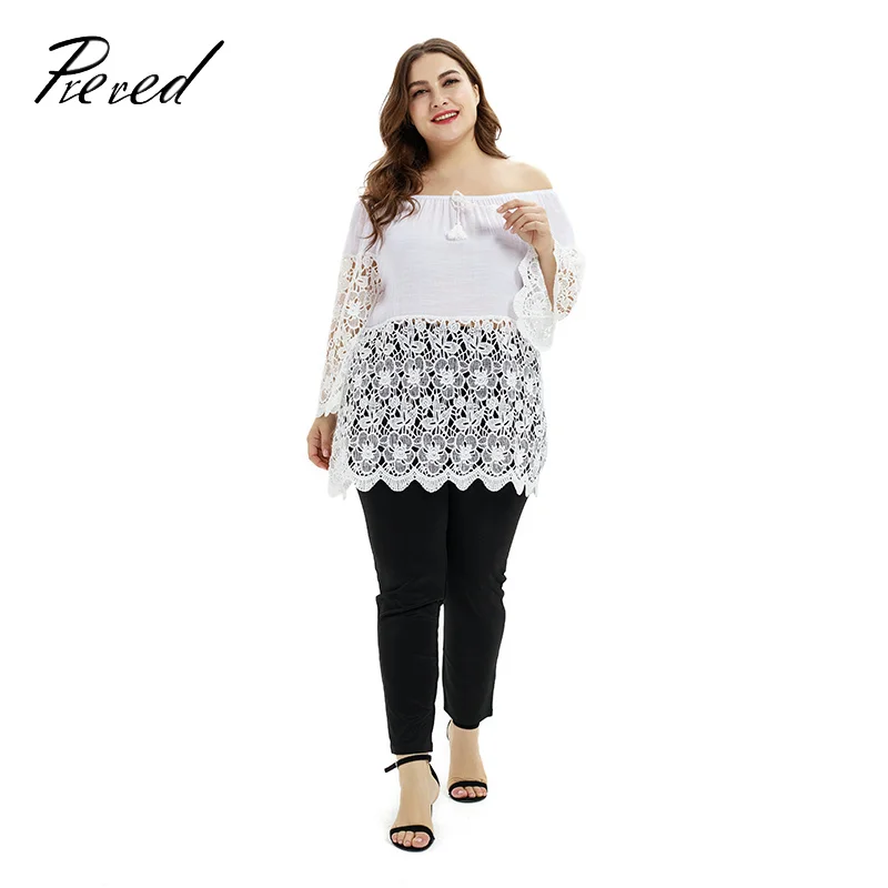 

Women's Shirt Spring Summer Large Size Loose Slash neck Polyester Tops Solid Openwork Lace Long Sleeve Trumpet Sleeve