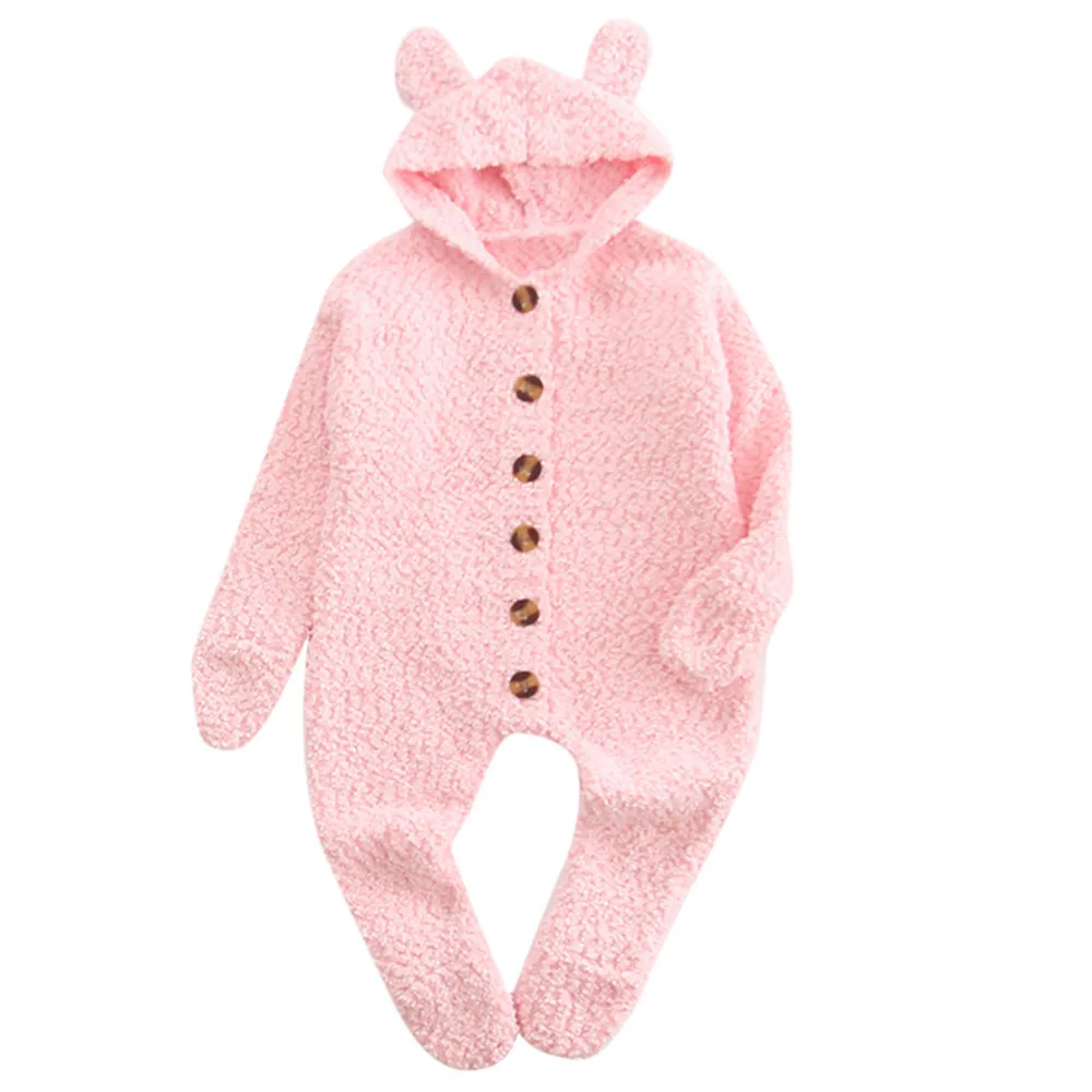 Зимний комбинезон для новорожденных девочек и мальчиков; толстовка с капюшоном и ушками; комбинезон для малышей; теплое пальто с длинными рукавами; одежда; комбинезон; - Цвет: Pink