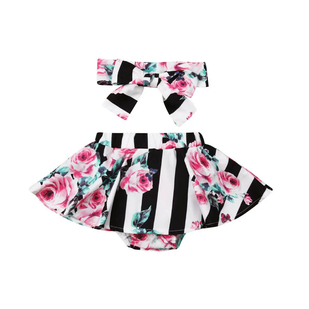 

New 2Pcs Adorable Toddler Baby Girl Floral Stripe Tutu Shorts Headband Outfits Clothes