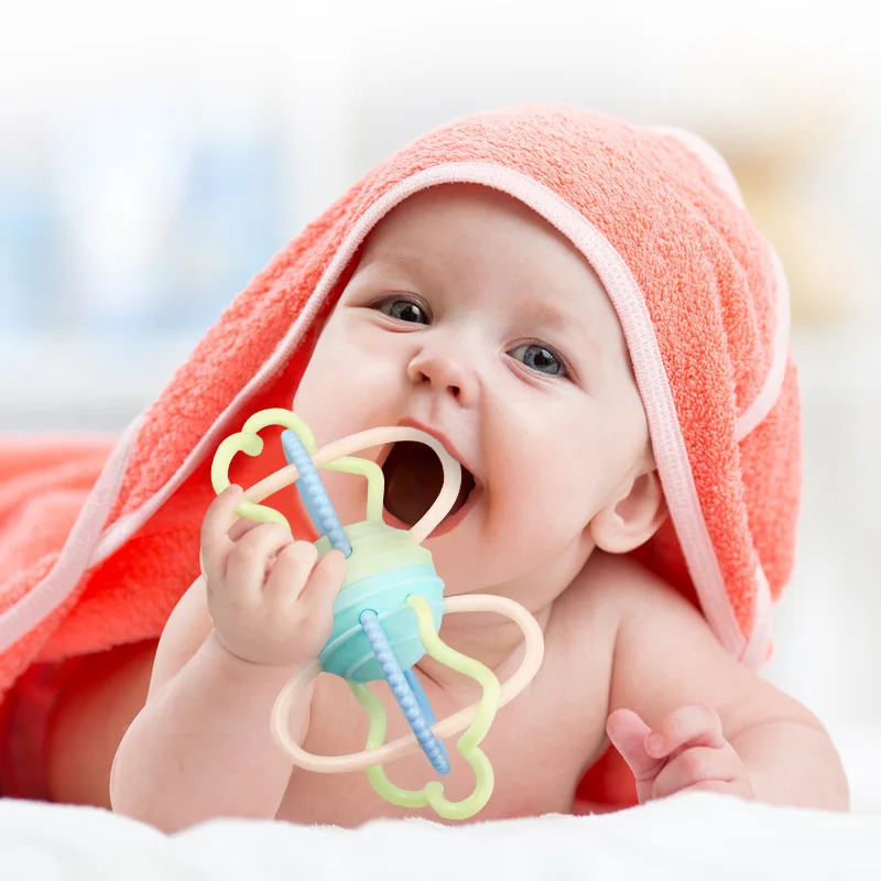 

Meibeile Infant Toddler Intelligence Develop Grasping Soft Teether Bell Rattles Baby Toy Ball With Texture Hand Tactile Senses