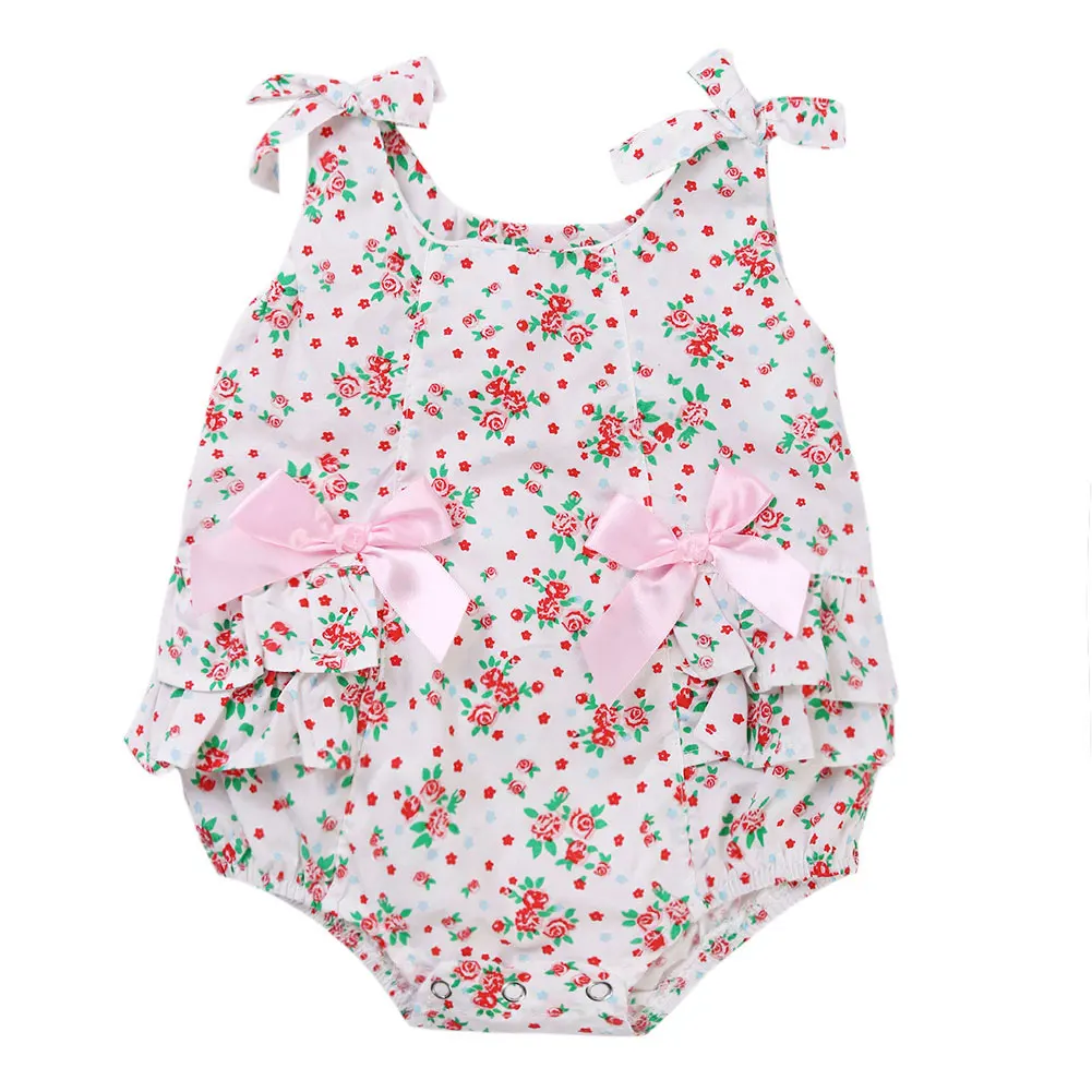 

2017 Newborns Baby Infant Girl Flowers Print Bowknot Sleeveless Round Collar Rompers 0-18M