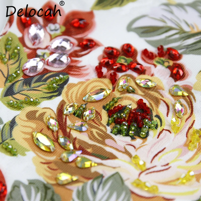 Delocah Women Spring Summer Dress Runway Fashion Designer Gorgeous Crystal Beading Floral Print Elegant Vintage Vacation Dresses