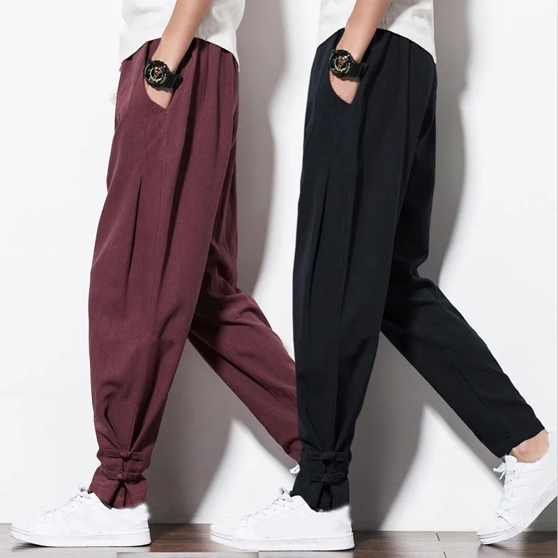 

2018 Summer Men's Long Pant Cotton Linen Fashion Casual Wide Leg Pencil Pants Plus Size M-6XL Drawstring Loose Ankle-Length Pant