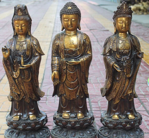 

shitou 003274 Tibet Bronze Gilt Western Shakyamuni Kwan-yin God Hold Vase Buddha Statue Set