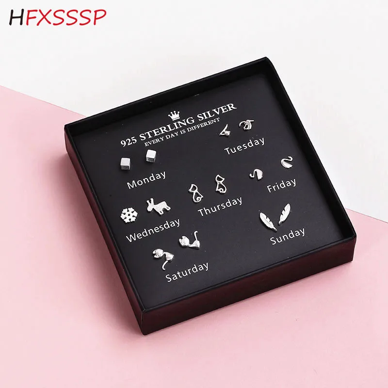 HFXSSSP S925 серебряные иглы неделю подарочная упаковка для сережек сочетание набора Асимметричная девушка сердце мини студент небольшой
