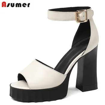 

ASUMER 2020 fashion summer women sandals genuine lesther high quality shoes square heels peep toe shoes simple sexy shoes woman