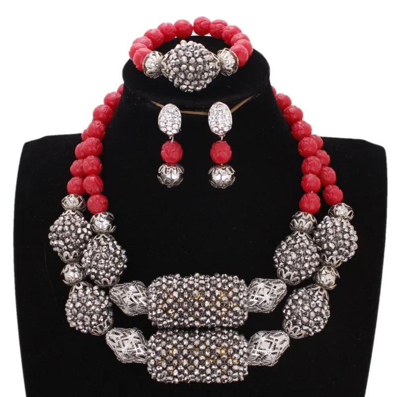 

Dudo Store Silver Jewellery Crystal Balls +Red Coral Beads African Custom Costume Jewelry Set Nigerian Weddings Necklace 2019