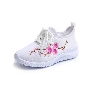 

Kids sneakers 2019 new Fashion girls floral embroidery sport shoes lace-up children ultra-light comfortable Breathable shoes